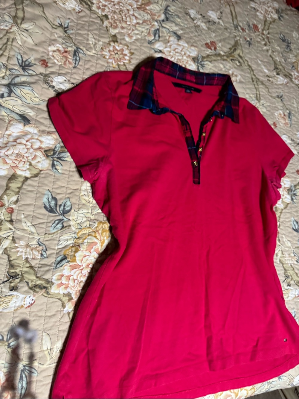 Tommy Hilfiger Red Polo Tee with Plaid Trim